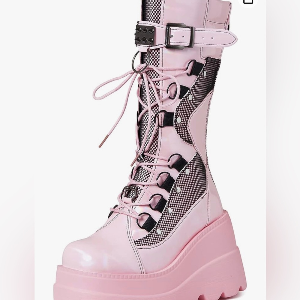 Goth Mid-calf Pink Hologram Platform Lace-up, Zip-up Combat Boots